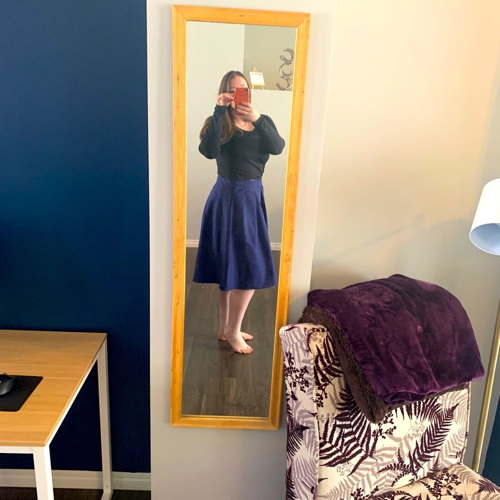 Blue A-line Pleated Skirt with Side Zip and Pockets